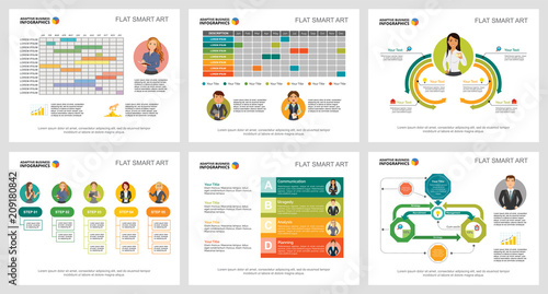 Colorful marketing or production concept infographic charts set. Business design elements for presentation slide templates. Can be used for financial report, workflow layout and brochure design.