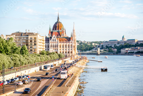 Landscape view on the famous parliament building on Danube river during the sunset in Budapest city, Hungary