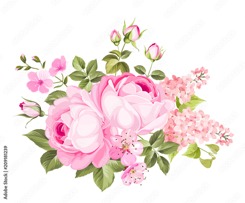 Spring flowers bouquet of color bud garland. Label with rose flowers. Vector illustration.