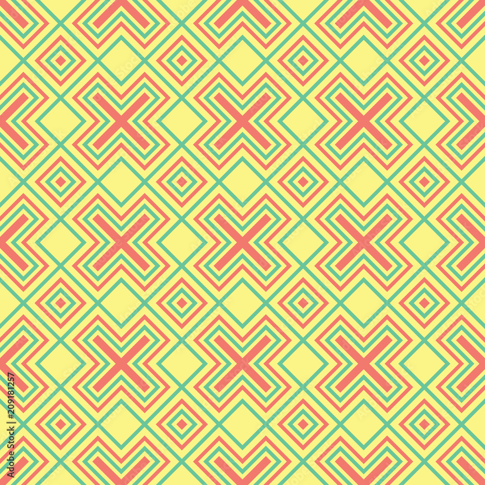 Geometric yellow seamless pattern. Colored background with pink and green design Geometric yellow seamless pattern. Colored background with pink and green design