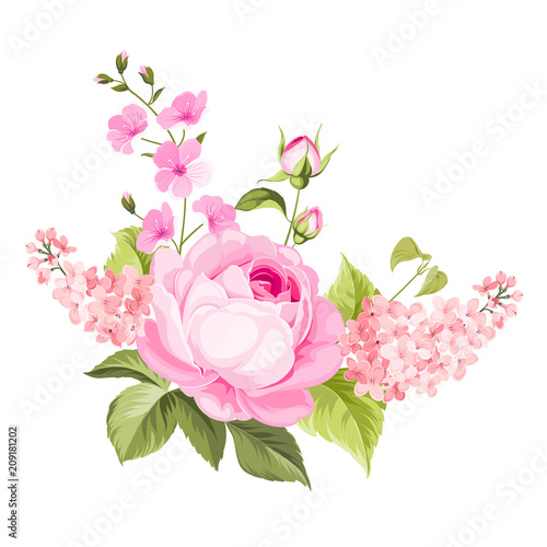 Spring flowers bouquet of color bud garland. Label with rose and lilac flowers. Vector illustration.