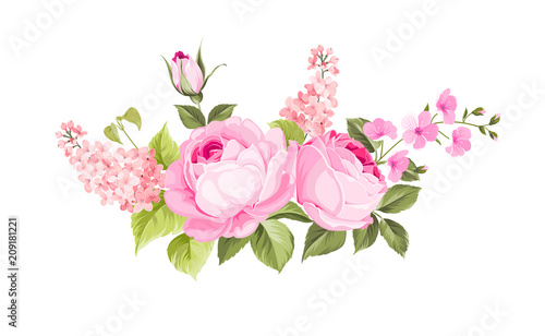 Blooming spring flowers garland of purple roses, sakura and lilac. Label with rose and sacura flowers.