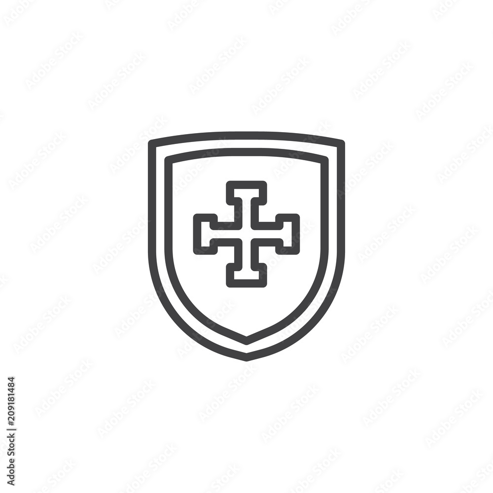 Shield with cross outline icon. linear style sign for mobile concept and web design. Protection simple line vector icon. Armor symbol, logo illustration. Pixel perfect vector graphics Shield with cross outline icon. linear style sign for mobile concept and web design. Protection simple line vector icon. Armor symbol, logo illustration. Pixel perfect vector graphics