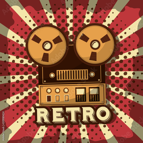 reel to reel tape record audio retro vintage sunburst background vector illustration