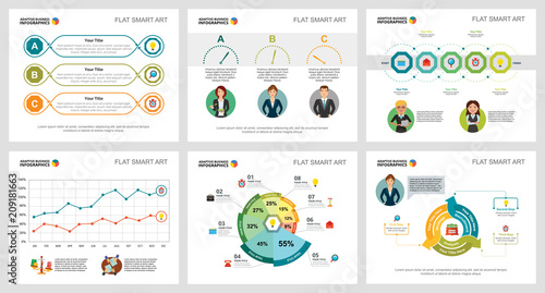 Colorful statistics or research concept infographic charts set. Business design elements for presentation slide templates. For corporate report, advertising, leaflet layout and poster design.