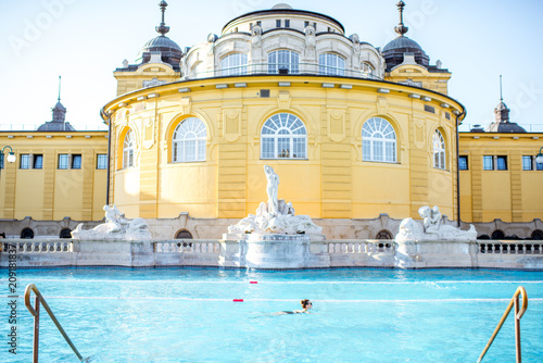 Photography Szechenyi outdoor thermal baths during the morning light without people in Budap