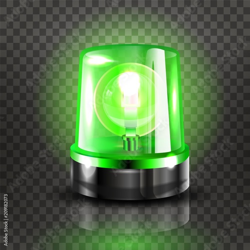 Green Flasher Siren Vector. Realistic Object. Light Effect. Beacon For Police Cars Ambulance, Fire Trucks. Emergency Flashing Siren. Transparent Background vector Illustration.