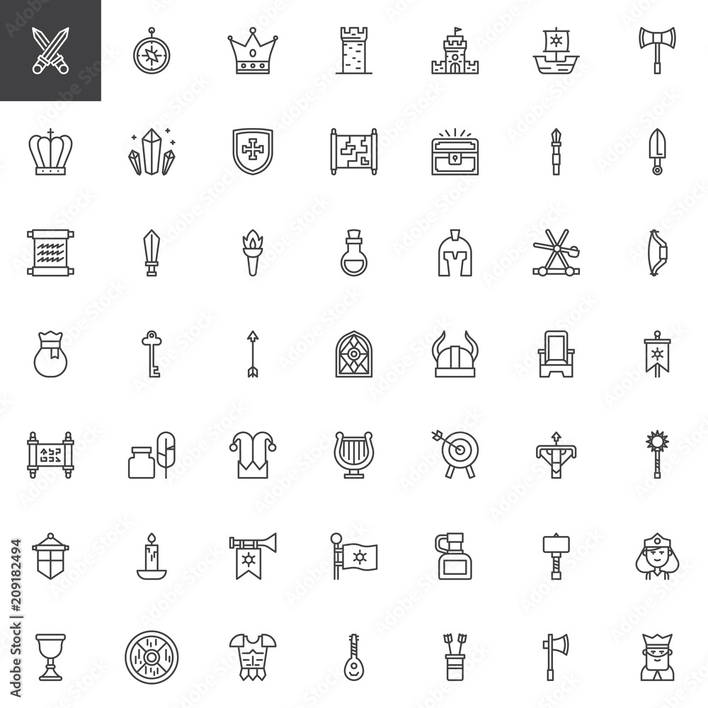 Medieval elements outline icons set. linear style symbols collection, line signs pack. vector graphics. Set includes icons as Swords, Compass, Crown, Tower, Castle, Shield, Torch,Viking helmet Quill Medieval elements outline icons set. linear style symbols collection, line signs pack. vector graphics. Set includes icons as Swords, Compass, Crown, Tower, Castle, Shield, Torch,Viking helmet Quill