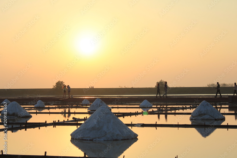 Beautiful landscape of a sunset with a salt farm in Tainan, Taiwan