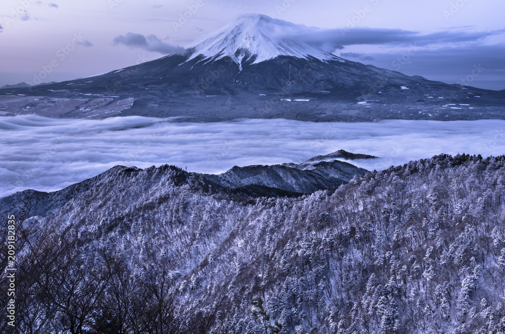 樹氷の山並みと雲海越しの富士山 樹氷の山並みと雲海越しの富士山