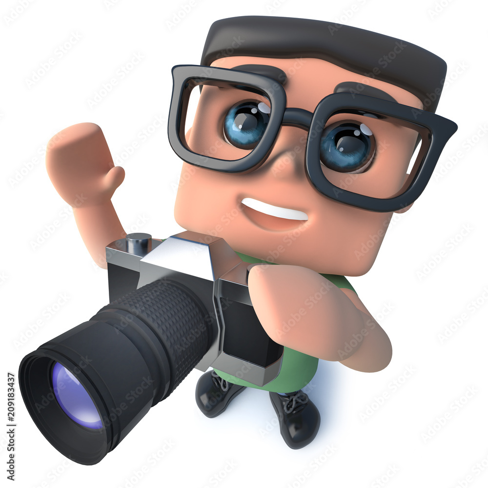 3d Funny cartoon nerd geek character taking a photo with a camera Stock  Illustration | Adobe Stock