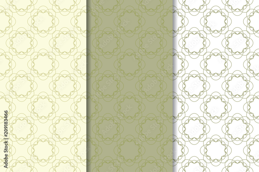 Set of pale olive green floral backgrounds. Seamless patterns