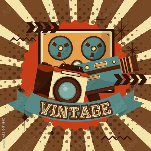 reel to reel tape recorder camera camcorder halftone retro vintage vector illustration
