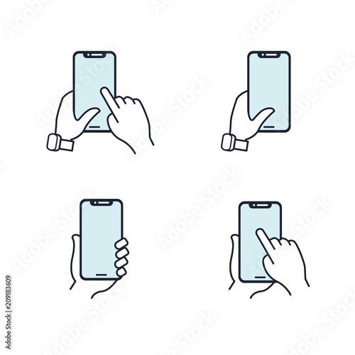 Hands holding smartphone. Flat line icon. Blue icon set.