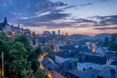 Sunrise over the old part of Luxembourg city - Grund