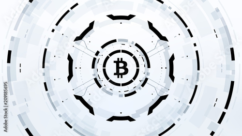 Bitcoin cryprocurrency futuristic black and white vector illustration for background, HUD, GUI, banner, business and finance, advertising and more. Worldwide digital money blockchain system technology