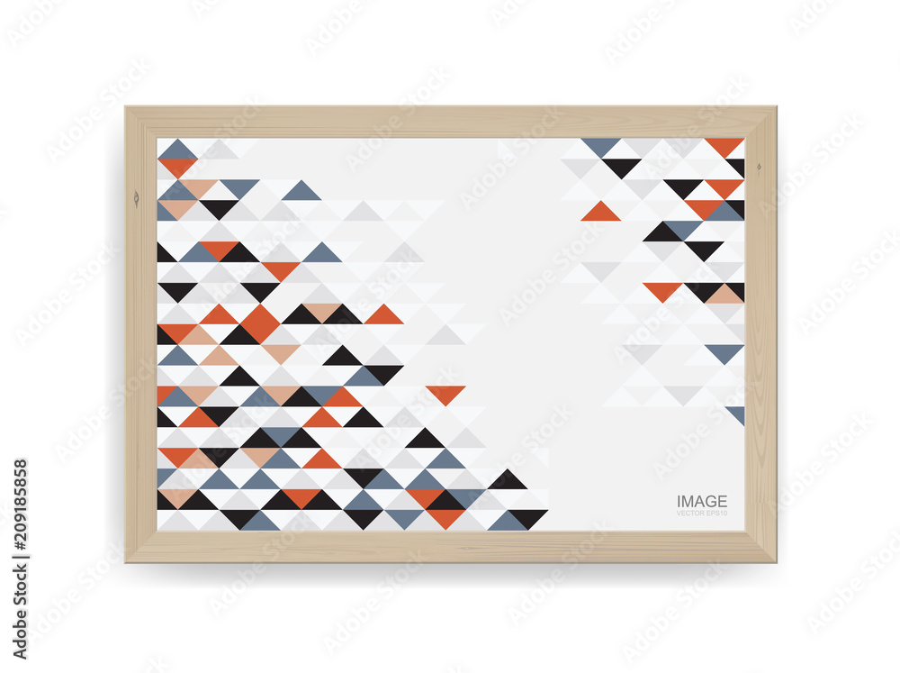 Wooden photo frame with abstract colorful geometric pattern background . Vector.