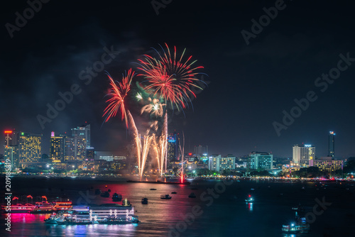 Colorful of firework in Pattaya beach, Thailand