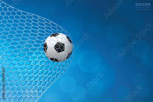 Soccer football ball in goal and soccer net with light blurred bokeh background. Vector illustration.
