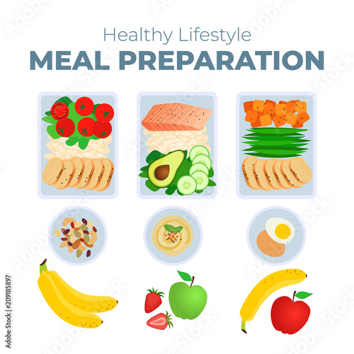 Vector illustration of meal preparation. Portion of food in container, snacks and fruits. Healthy lifestyle food. Meat rice and salad. Meal prep for a week.