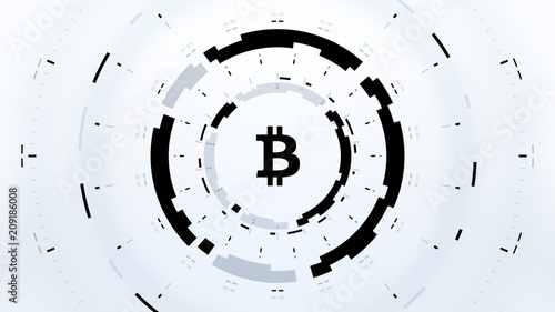 Bitcoin cryprocurrency futuristic black and white vector illustration for background, HUD, GUI, banner, business and finance, advertising and more. Worldwide digital money blockchain system technology