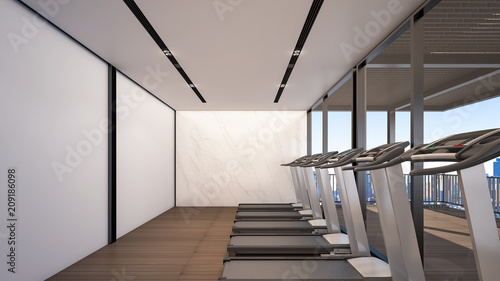 Gym at high rise condominium , 3d rendering