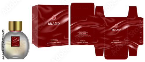 Packaging design, Label on cosmetic container with red luxury box template and mockup box, illustration vector.