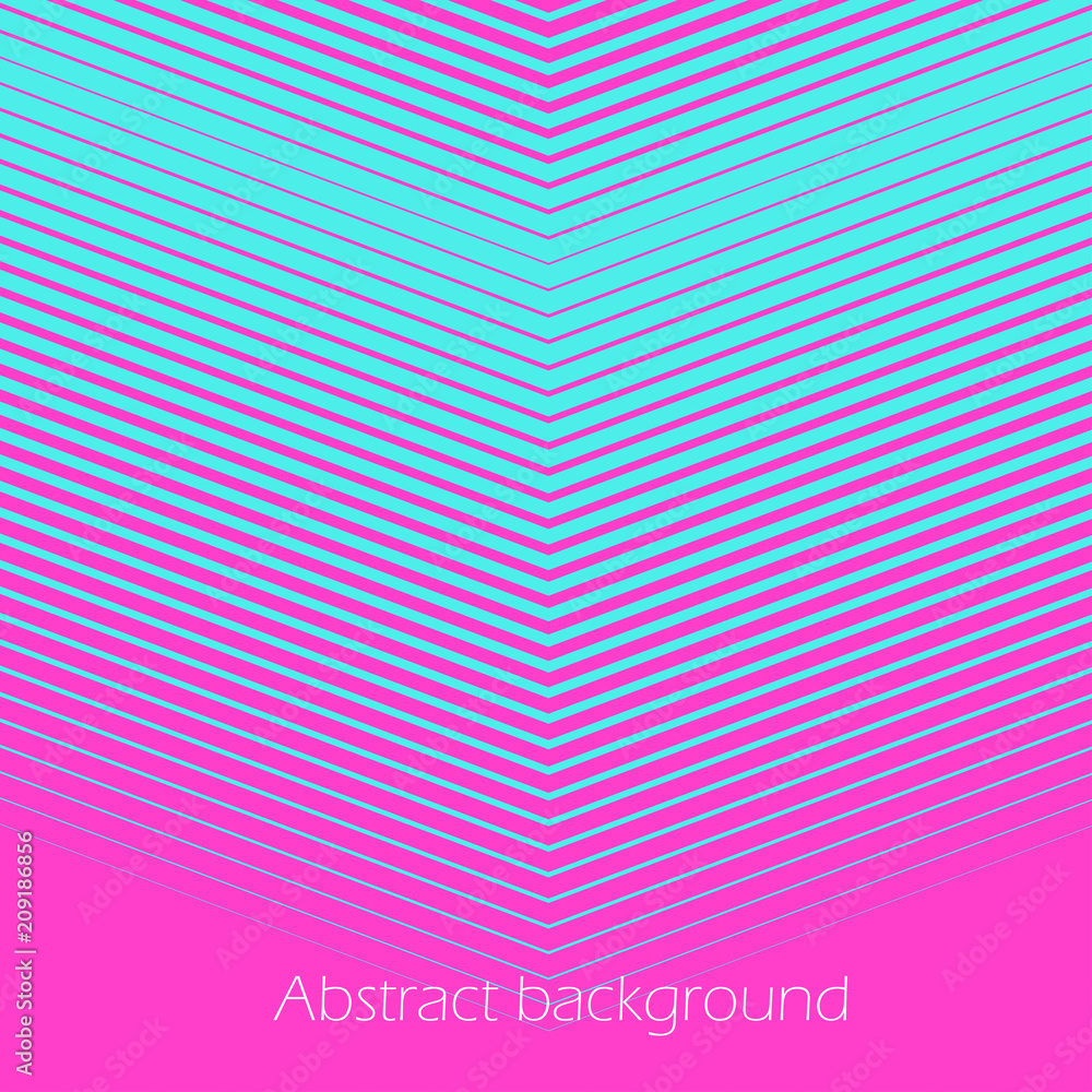 Square abstract background with striped halftone pattern in neon colors. Texture of gradient diagonal V-shape line ornament. Design template of flyer, banner, cover, poster. Vector illustration.