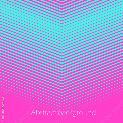 Square abstract background with striped halftone pattern in neon colors. Texture of gradient diagonal V-shape line ornament. Design template of flyer, banner, cover, poster. Vector illustration.