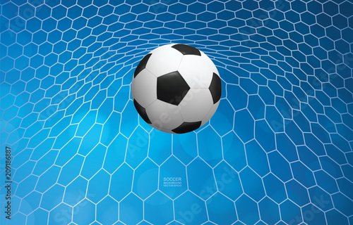 Soccer football ball in goal and soccer net with light blurred bokeh background for football sport. Vector. © Lifestyle Graphic