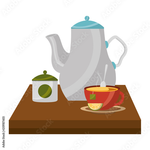 kettle teapot teacup sugar lemon spoon vector illustration