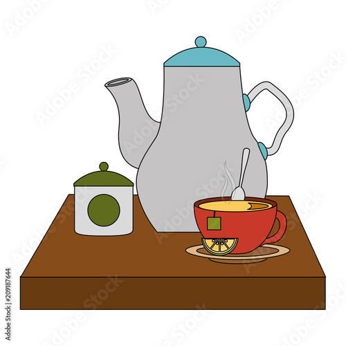 kettle teapot teacup sugar lemon spoon vector illustration