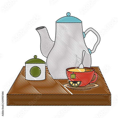 kettle teapot teacup sugar lemon spoon vector illustration