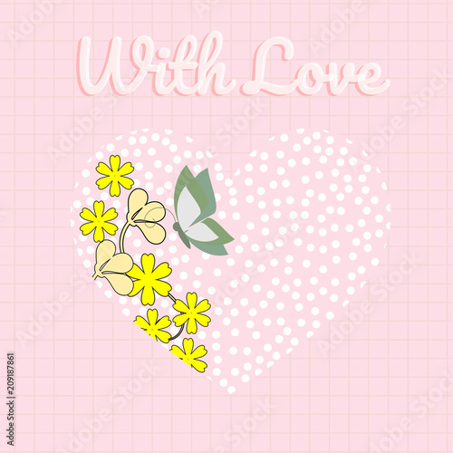 greeting card with lovely heart and sweet flowers.