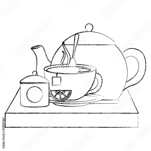 teapot with teacup and slice lemon spoon on wooden tray vector illustration sketch