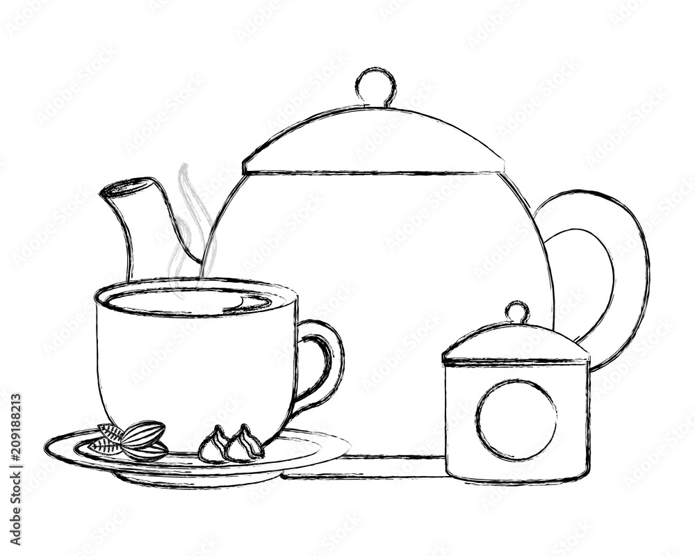 teapot and tea cup cocoa nuts and sugar pot vector illustration 