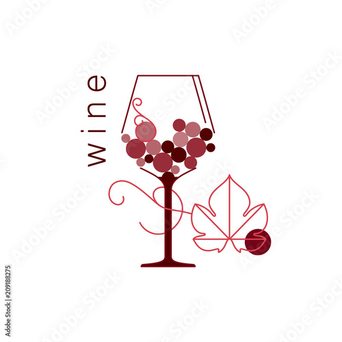 Wine glass and grape leaf. Linear vector illustration for menu, tasting, wine list.