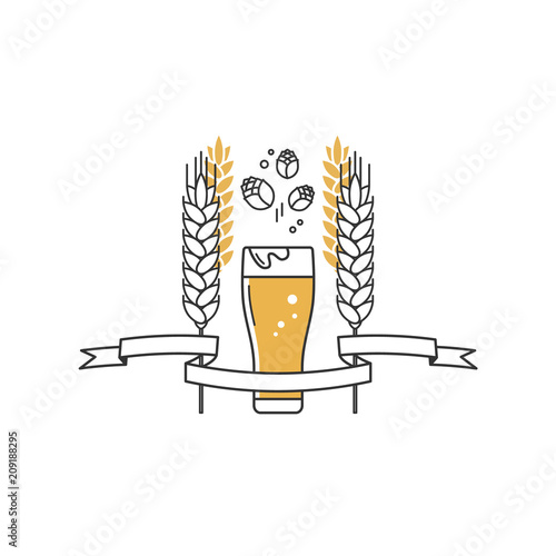 Beer glass, hops and wheat. Linear icon. Sign, label, logo with ribbon for the brewery, beer restaurant, pub, bar, menu, website. Vector illustration.