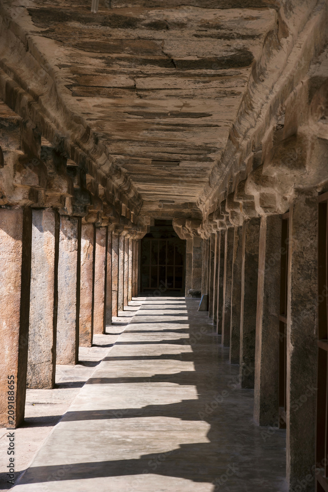 Carved pillars inside the Brihadishvara Temple, an UNESCO World Heritage Site , Thanjavur, Tamil Nadu, India