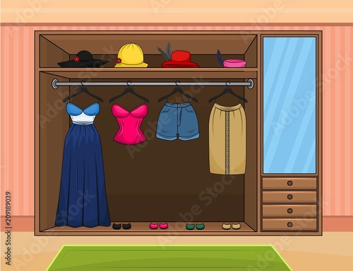 Vector illustration of a home wardrobe room. Background and assets for a dress up game. Collection of modern clothing gown, top, pants, skirt and hats. Vector illustration.
