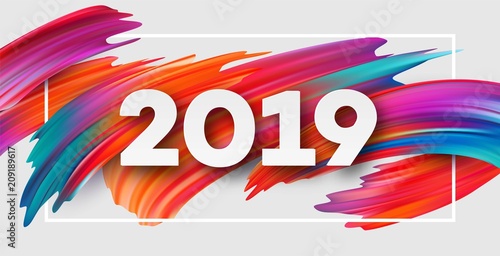 2019 New Year on the background of a colorful brushstroke oil or acrylic paint design element. Vector illustration