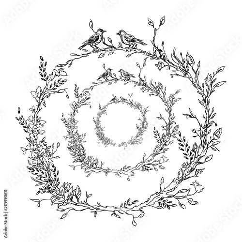 Template of realistic branches with leaves. Silhouette, art line. Nature botanical illustration in frame. Sketch. Vector isolated on white background eps.10