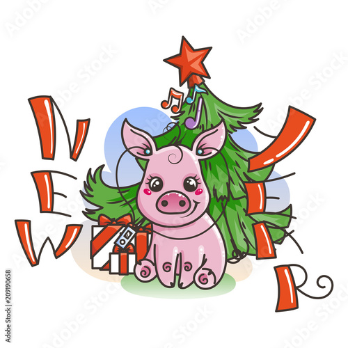 Happy New 2019 Year card with cartoon baby pig. Small symbol of holiday. © Drekhann