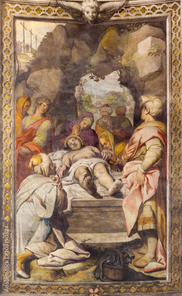 REGGIO EMILIA, ITALY - APRIL 12, 2018: The fresco of Burial of Jesus in church Basilica di San Prospero by Camillo Procaccini (1585 - 1587).