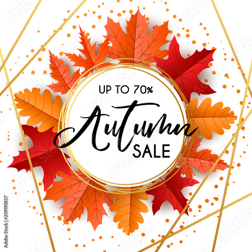 Vector autumn sale banner with hand drawn lettering and leaves. Design template for banner, flyer, poster, menu, tag, promotion. Vector illustration, purple, gold, orange.