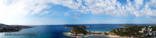 Aerial drone bird's eye view panoramic ultra wide 180 degrees photo of iconic Astir beach and Peninsula, Vouliagmeni, Athens riviera, Attica, Greece © aerial-drone