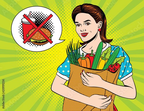 Vector colorful pop art style illustration of a young beautiful lady with full paper bag of vegetables and forbedden sign of junk food. Happy beautiful woman doing health grocery shopping