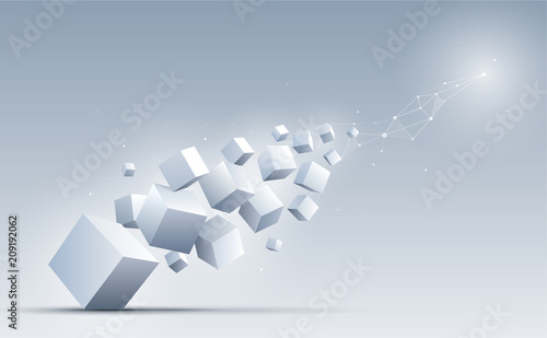 Fototapeta Naklejka Na Ścianę i Meble -  3d cubes floating into the light. Science and technology background. Big data and Internet connection. Abstract background. Vector illustration.