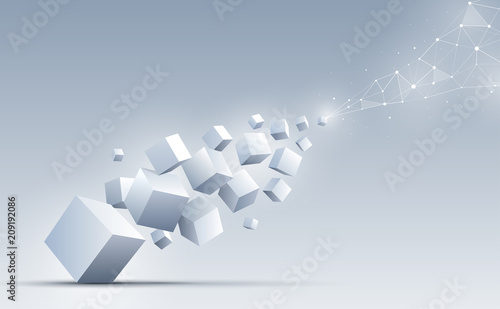 3d cubes floating to connect with an abstract geometric polygonal. Science and technology background. Big data and Internet connection. Abstract background. Vector illustration.