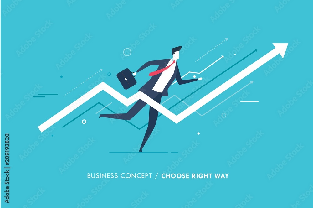 Businessman runs forward to success. growth charts. Success, rates